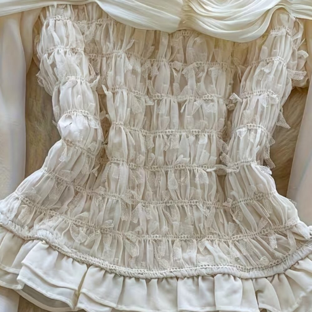 Ivory Off-Shoulder Smocked Blouse with Ruffled Trim - Picture 4 of 4